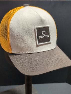 Brixton Alpha Block Men's Yellow/Brown/White Snapback Trucker Hat.